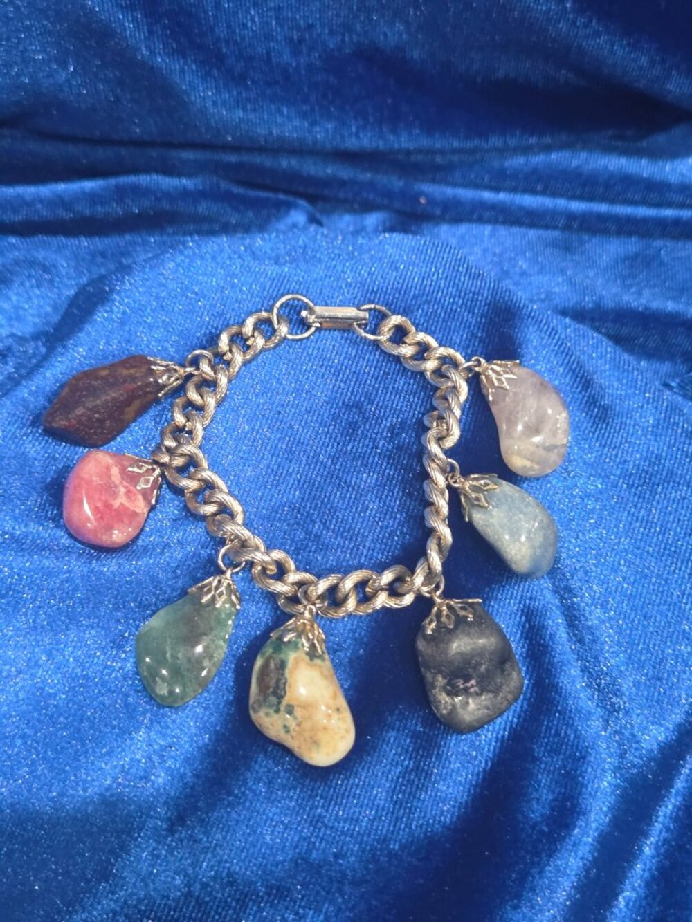 Vintage Natural Gemstone Charm Bracelet W/Multi color Natural Stones